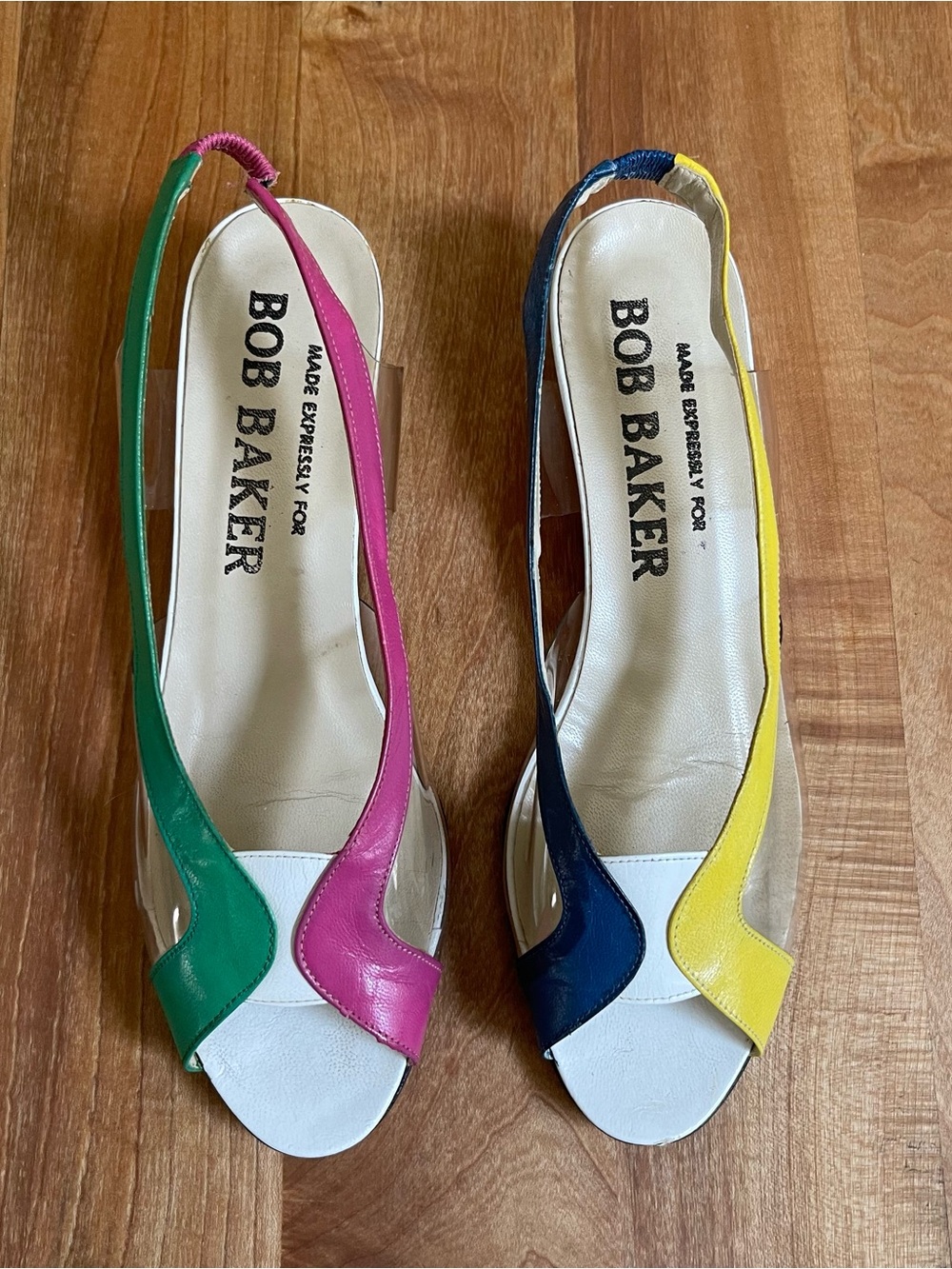 Vintage Bob Baker Slingback Low Wedge Sandals Clear Color Block Leather Size 7